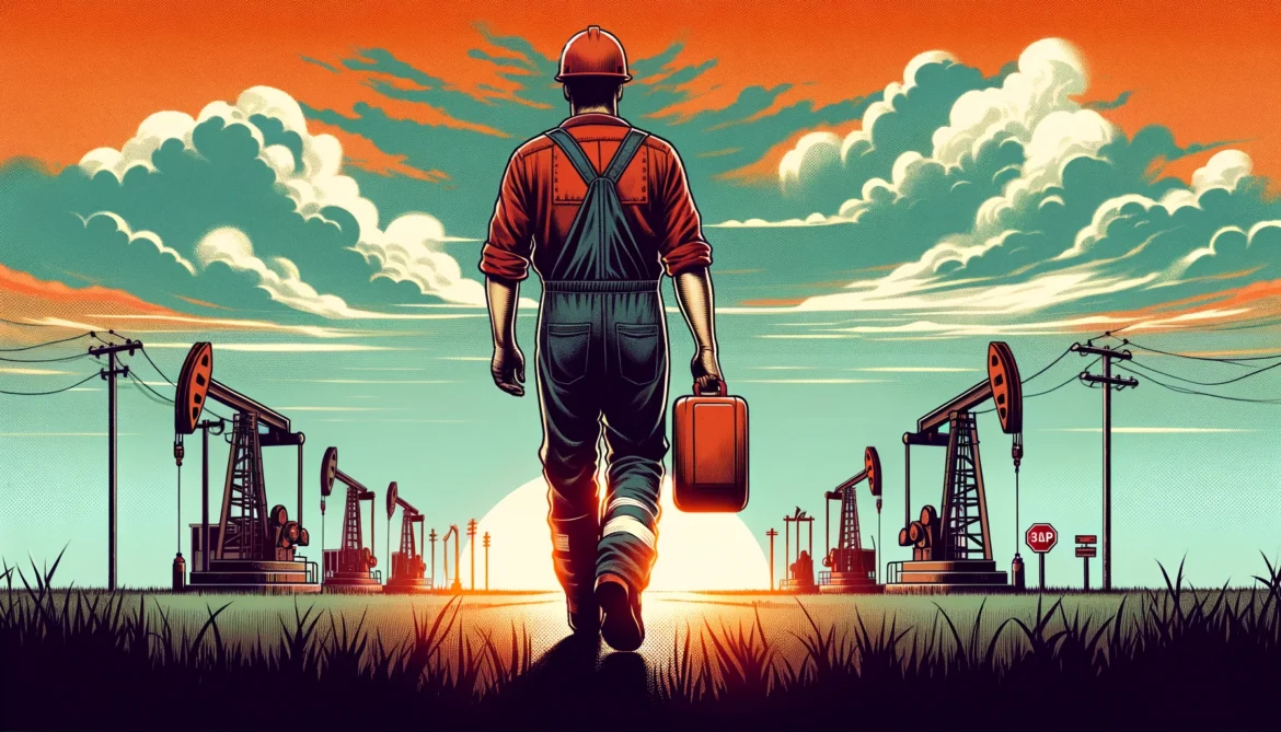 Oil and gas worker walks off into the sunset