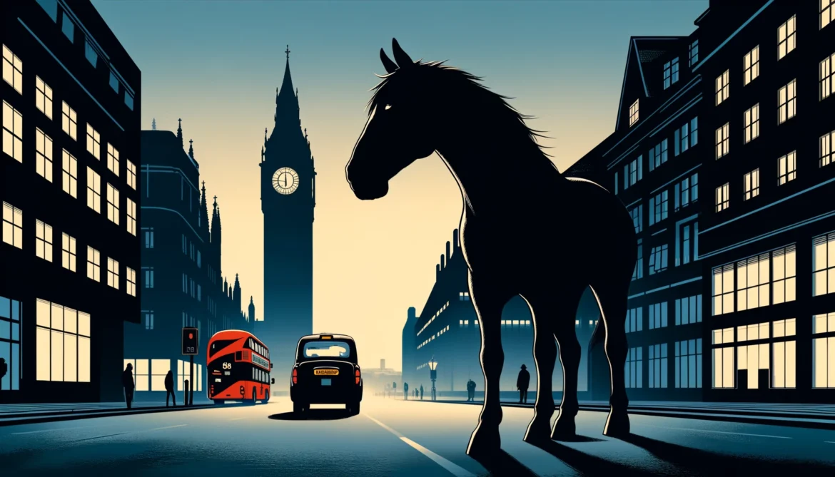 A horse in London with Big Ben in the background