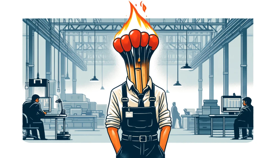 DALL·E 2024-05-30 15.56.22 – Horizontal editorial style cartoon showing a worker with the tip of a burnt match for a head, representing the concept of being burnt out. The worker