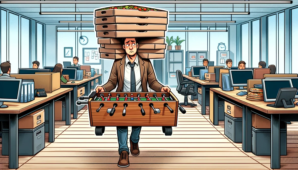 Worker carrying foosball table and pizza boxes