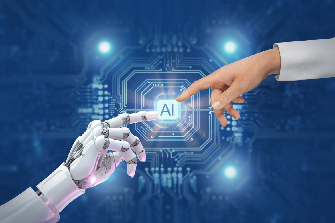 White cyborg robotic hand pointing his finger to human hand with stretched finger – ai artificial intelligence.