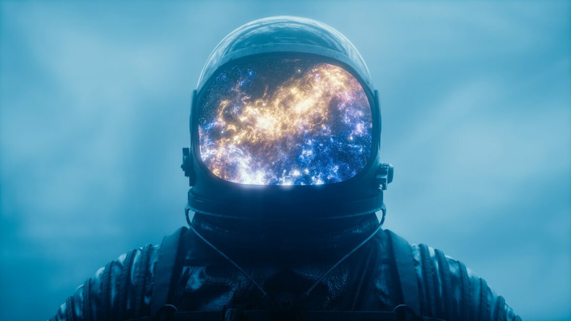 Portrait of an astronaut with a glowing universe inside the helmet.