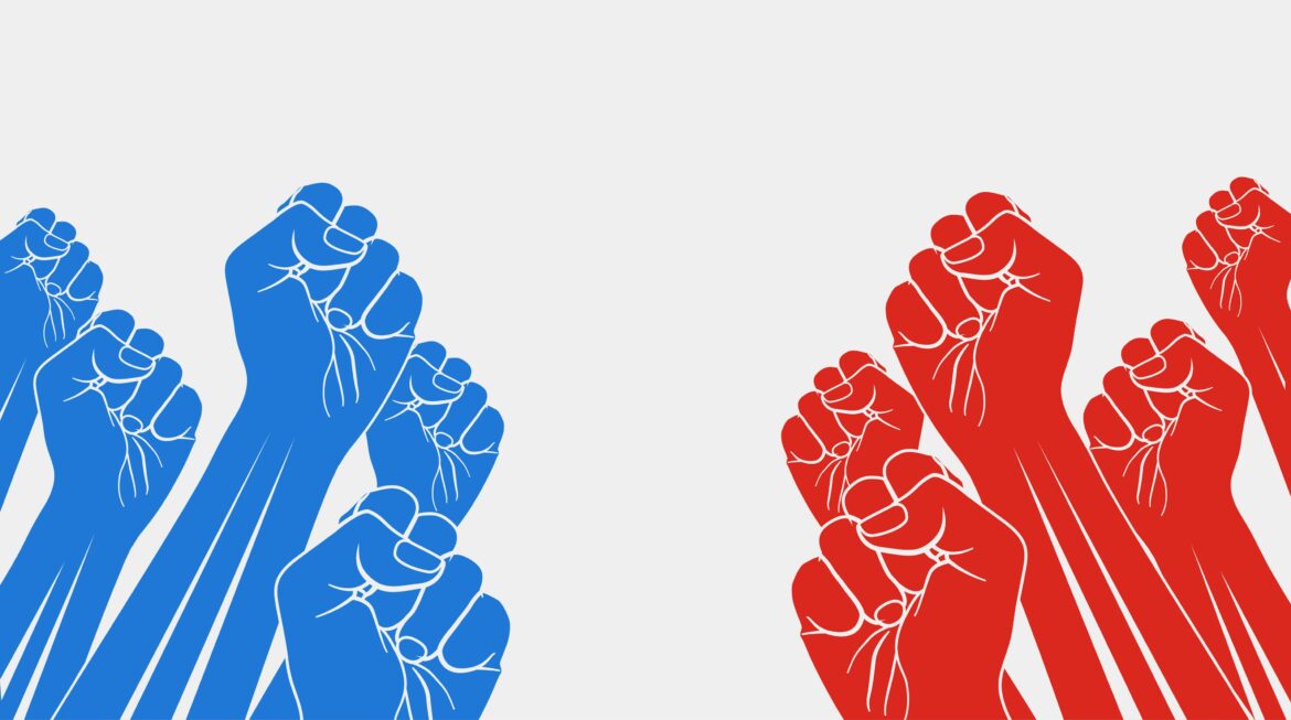 Red and blue raised fists