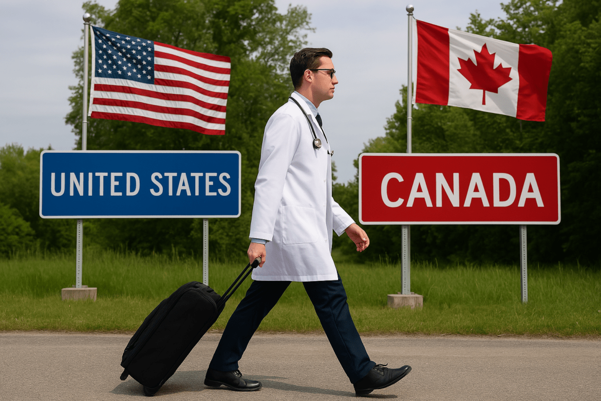 AI image showing doctor leaving the U.S. and going to Canada