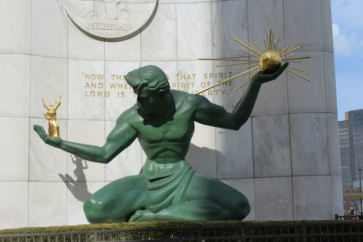 The Sprit of Detroit statute located in the city’s downtown. Photo by Jason Hutchison on Unsplash