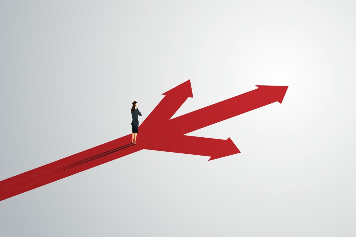 business-person-looks-at-arrow-up-path-three-way-to-goal-success-illustration